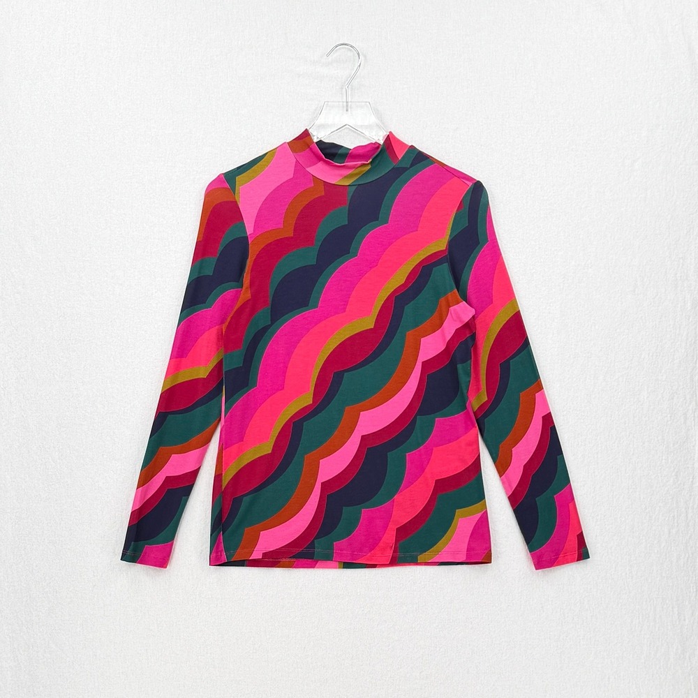 TRINA TURK Pierce Top Womens Small Pink Multi Scallop Wave Long Sleeve Mock Neck - Picture 2 of 13